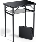Anbte 2ft Folding Camping Table, 3 Adjustable Height Max 29.5", 23" x 16" | Aluminum Small Folding Table with Storage Net &Portable Handle, Lightweight,for Travel Outdoor Beach Picnic Camping, Black