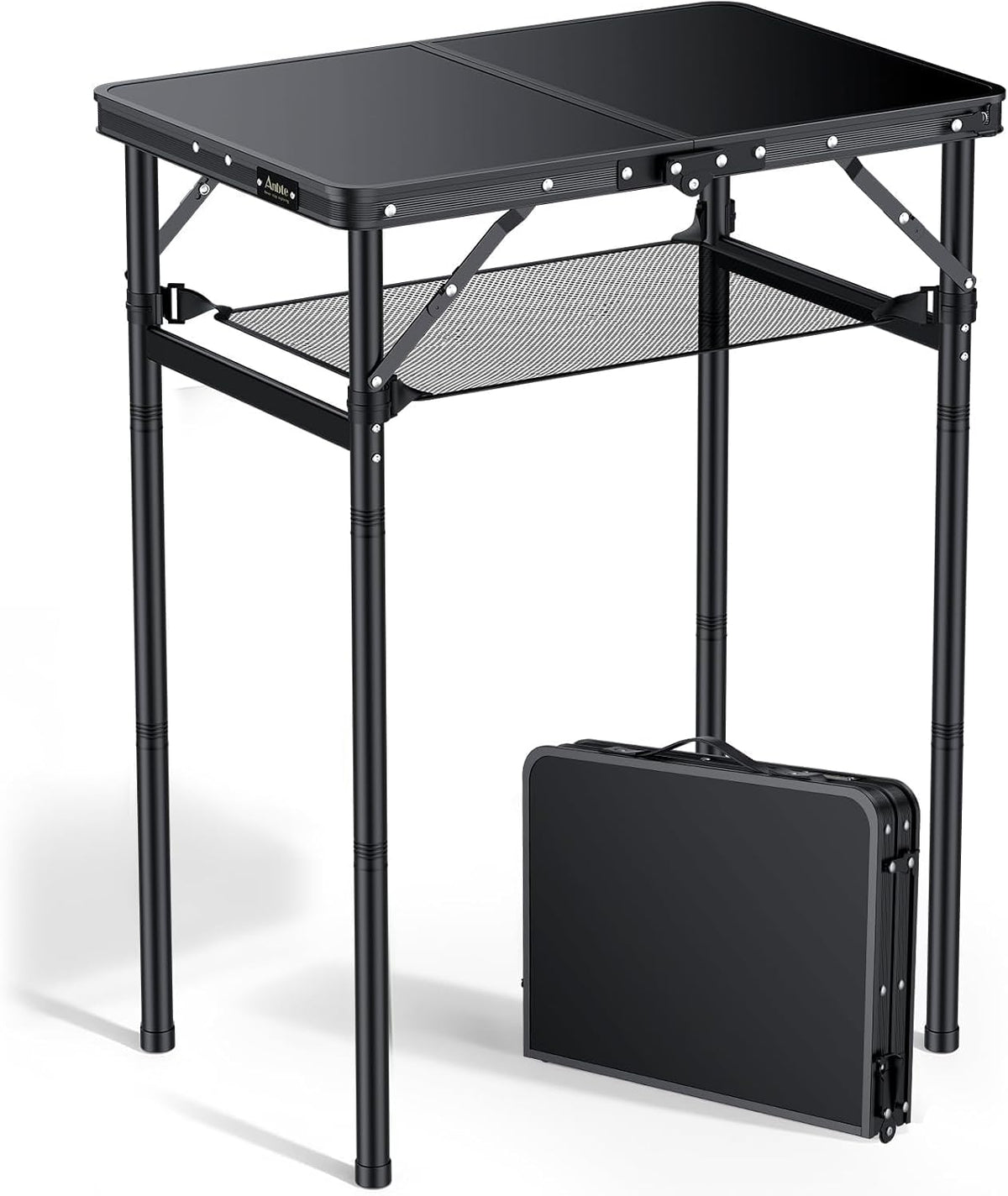 Anbte 2ft Folding Camping Table, 3 Adjustable Height Max 29.5", 23" x 16" | Aluminum Small Folding Table with Storage Net &Portable Handle, Lightweight,for Travel Outdoor Beach Picnic Camping, Black