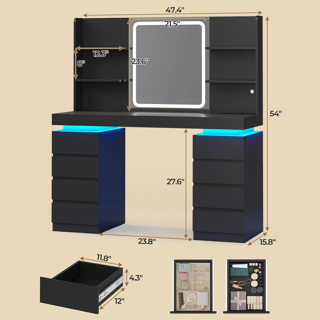 ADORNEVE Vanity Desk with Mirror & Lights, 8 Drawers Black | Built-in Charging Station, Large Makeup Vanity with RGB Lights Floating Desk, for Women Girls Bedroom