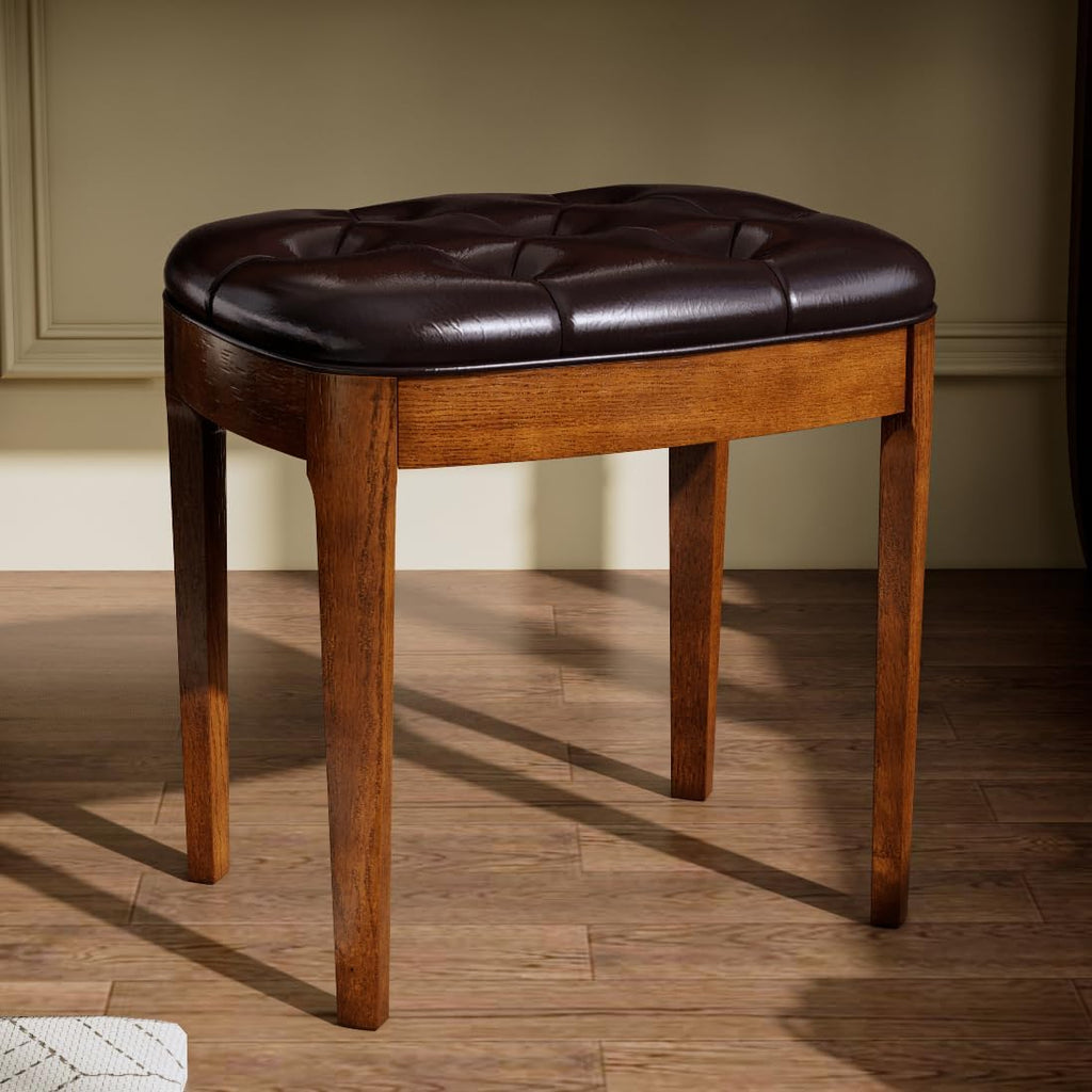 Vanity Stool Bench with Upholstered, Modern Luxury Wood Stool ,Ottoman Shoe Bench for Living Room, Vanity, Entryway, 19.3"L x 14.9"W x 19.3"H Easy Assembly, Beeswax Leg & Dark Brown FD-HNY-DB