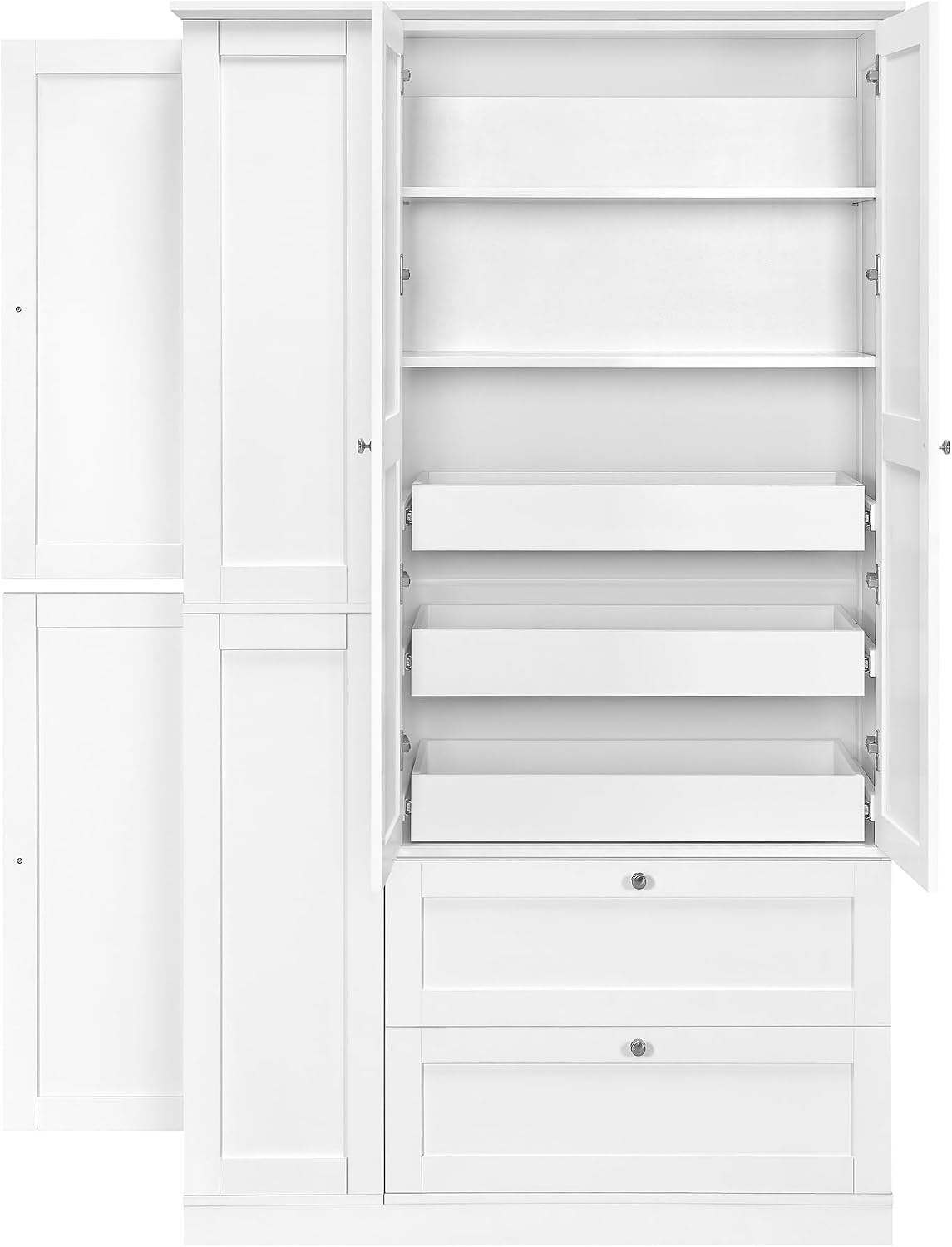 RUNNA 73.6" Tall Farmhouse Kitchen Pantry,Freestanding Large Capacity Storage Organizer with Customizable Shelves & Anti-Tip Safety - Perfect for Living Room & Home (White1)