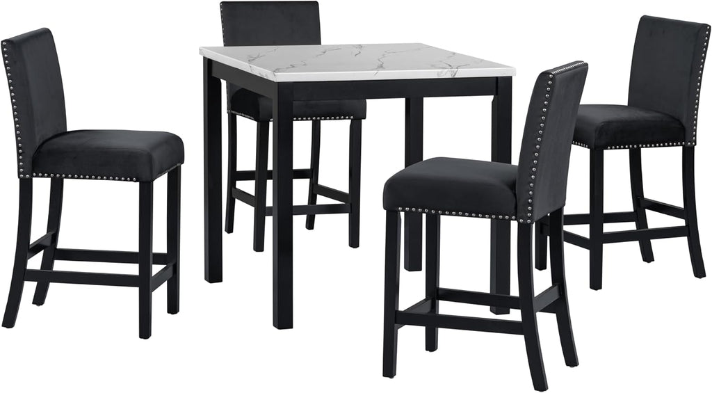 Merax Dining Table Set, 5 Piece Counter Height Dining Table Set with Faux Marble Dining Table and 4 Upholstered-Seat Chairs, Dining Room Table Set for Kitchen/Living Room, Black