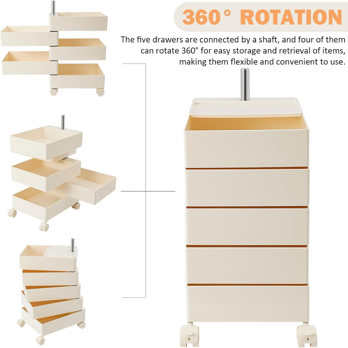 360° Movable Rotating Storage End Table Sofa Side Cabinet Laptop Bedside Table with 5 Tiers Shelves 4 Universal Casters for Living Room Bedroom Sofa Dormitory, White