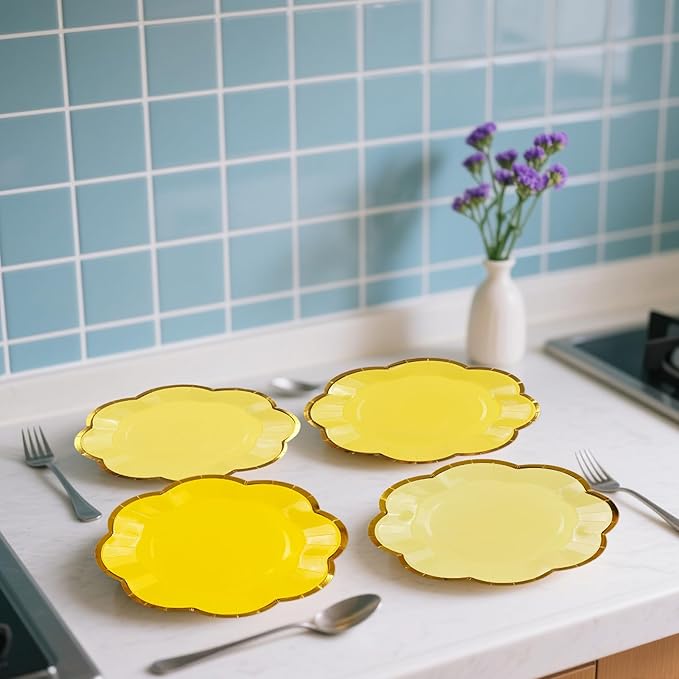 48Pcs Yellow Scalloped Party Plates - 7inch Gold Foil Gradient Yellow Dessert Paper Plate Disposable Cake Plates for Birthday Bridal Baby Shower Wedding Party Decorative Supplies