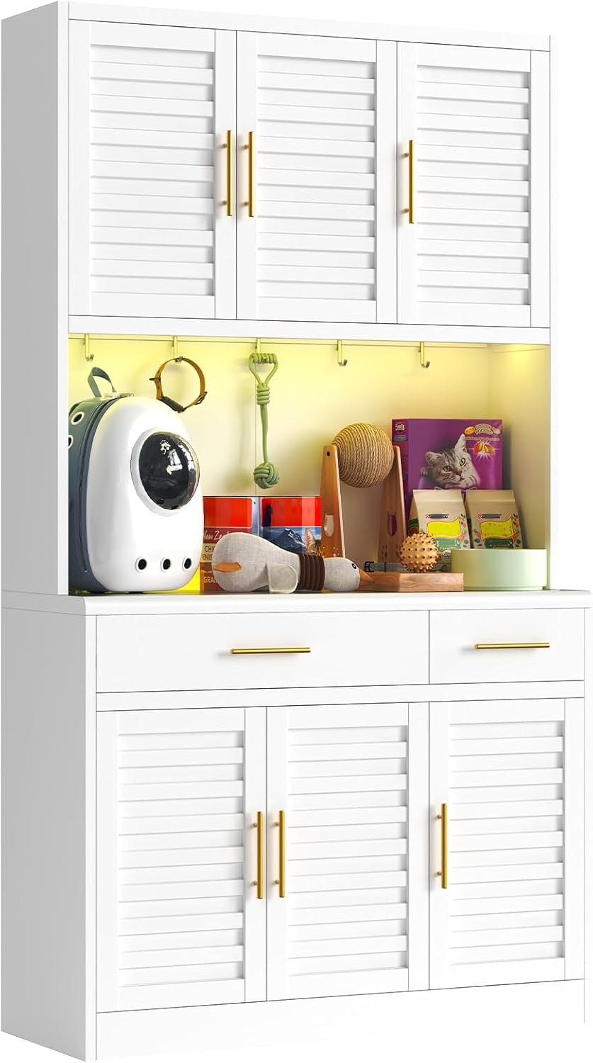 71" Tall Kitchen Pantry Cabinet, Metal Storage Cabinet, with 6 Doors & 6 Adjustable Shelves & 2 Drawer,Cupboard for Bathroom, Dinning Room, Kitchen, White
