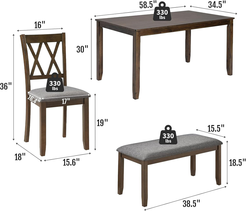 Zevemomo 6-Piece Solid Wood Dining Table Set, Dining Table & Chair Set for 6, Including 1 Dining Table, 4 Upholstered Chairs and 1 Bench, Dining Table Set for Dining Room & Kitchen, Walnut