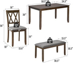 Zevemomo 6-Piece Solid Wood Dining Table Set, Dining Table & Chair Set for 6, Including 1 Dining Table, 4 Upholstered Chairs and 1 Bench, Dining Table Set for Dining Room & Kitchen, Walnut
