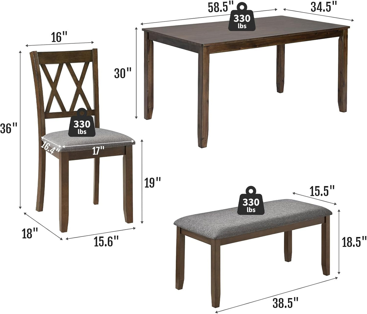 Zevemomo 6-Piece Solid Wood Dining Table Set, Dining Table & Chair Set for 6, Including 1 Dining Table, 4 Upholstered Chairs and 1 Bench, Dining Table Set for Dining Room & Kitchen, Walnut