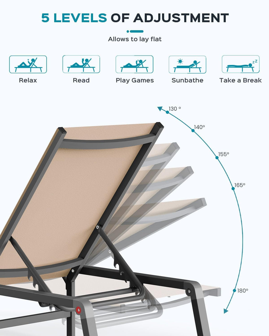 Ciokea Aluminum Chaise Lounge Ourdoor - Foldable & Assemble Free Outdoor Lounge Chair with 5 Adjustable Backrest, Patio Lounge Chair for Outside Poolside Beach Pool, Khaki