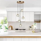5 Light Pendant Lighting, Brushed Brass Cluster Pendant Light Fixture Kitchen Island, Modern Crystal Pendant Chandelier Hanging Lights for Dining Room Foyer