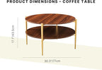 Shrine Round Glass Coffee Table, Mid-Century Modern Design, D30 x H17 in, Two-Tier Round Table with Walnut MDF Shelves, Sleek Conical Metal Legs with Gold Finish