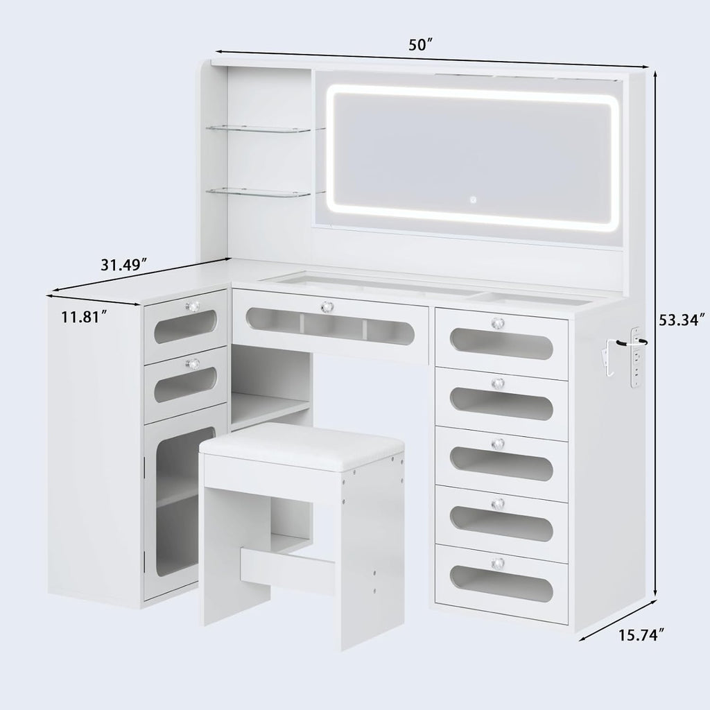 Makeup Vanity for Women with Mirror and Lights, 8 Drawers Big Modern Vanity , Transparent Top Vanity Desk with 2 RGB Drawers, with Power Outlet & Stool, Modern Ample Storage Dressing Table, White