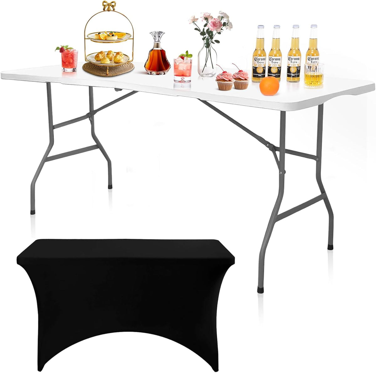 Camp Field 6ft Heavy Duty Portable Table with Spandex Cover, Folding Table for Indoor & Outdoor Picnic & Lemonade Stand for Picnic, Party, Event. (White ste, 6FT Set)