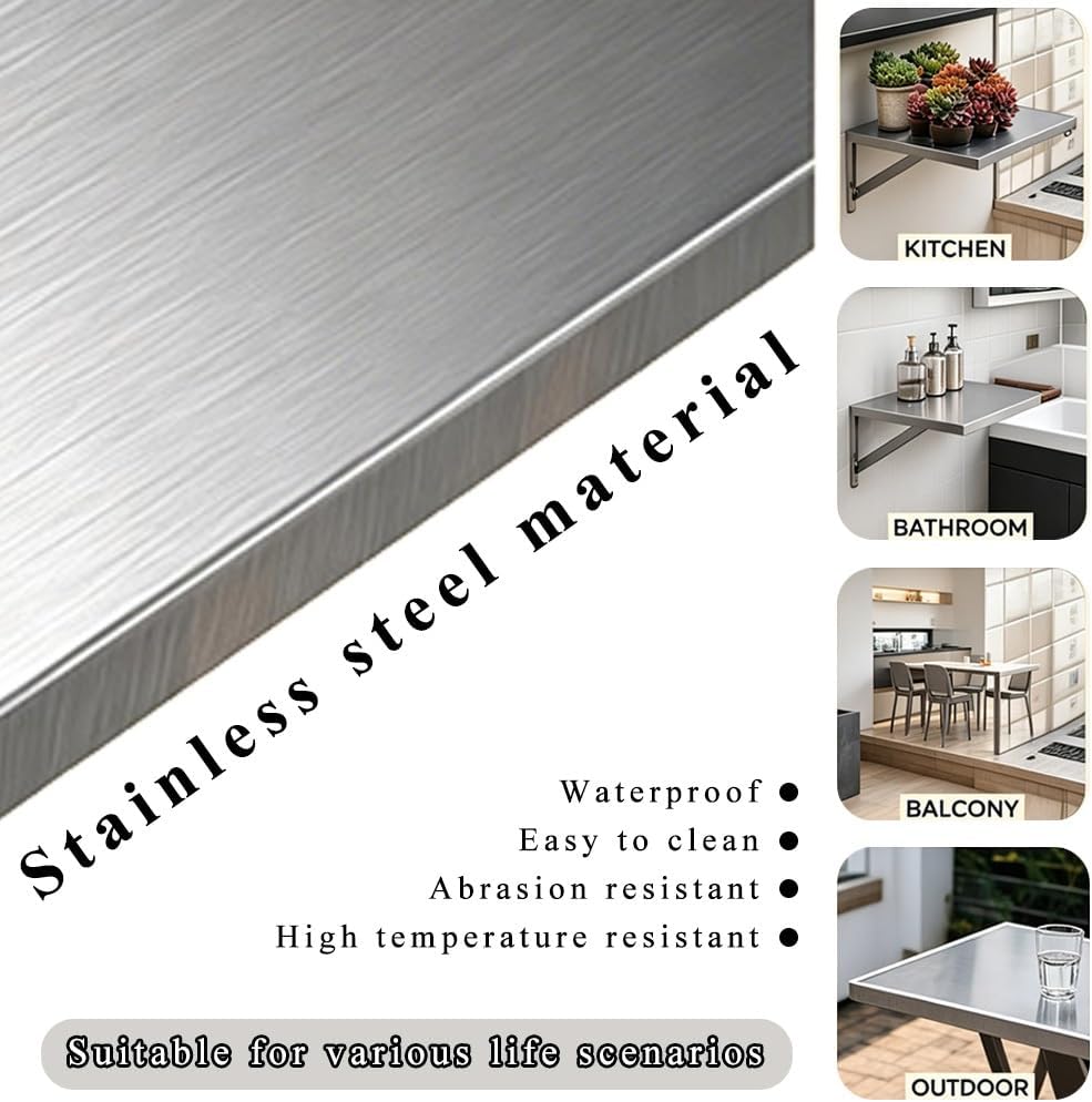 Laundry Folding Table Stainless Steel Wall Mounted Workbench, Desk Concession Shelf for Restaurant Garage Balcony Bathroom(40x40cm/16x16in)