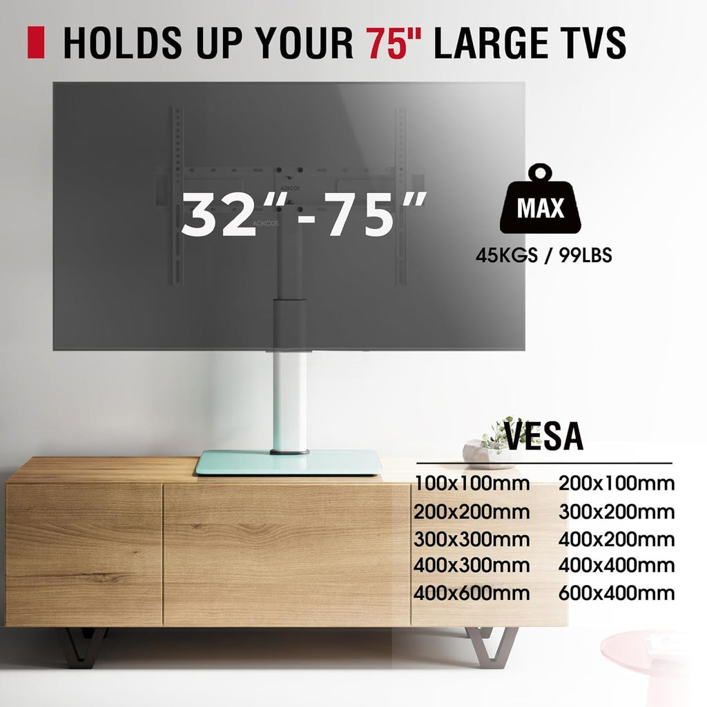 Swivel Universal TV Stand for 32-75 inch TVs with Tilt Down/Up, 8 Levels Height Adjustable Table Top TV Mount Stand with Stable Heavy Duty Tempered Glass Base, MAX VESA 600x400 mm up to 99lbs, White