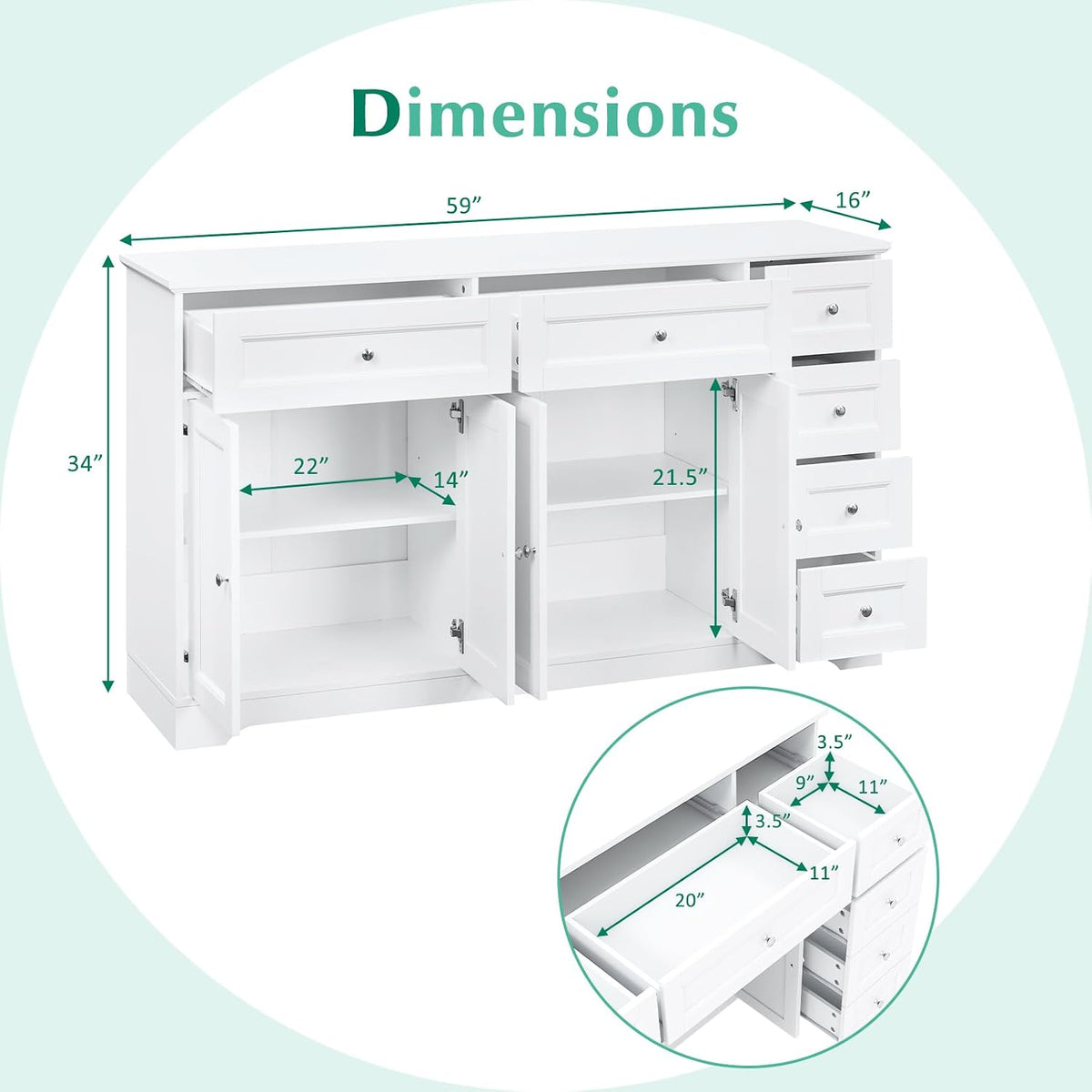 Giantex Large Buffet Cabinet with Storage, 59” Kitchen Cabinet with 4 Doors, 6 Drawers & 2 Adjustable Shelves, Modern Sideboard for Living Room, Coffee Bar, White