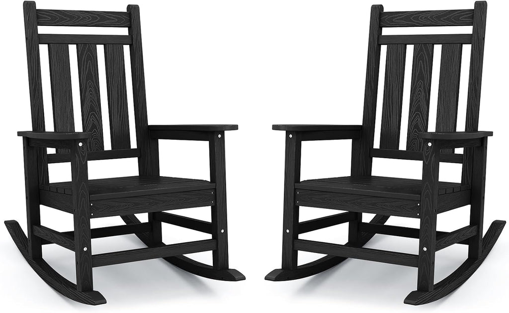 KINGYES Oversized Outdoor Rocking Chair Set of 2, HDPE Patio Rockers, Black | | All-Weather Patio Rocking Chairs for Porch | High Back & Wide Seat for Garden, Lawn