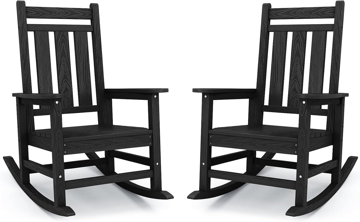 KINGYES Oversized Outdoor Rocking Chair Set of 2, HDPE Patio Rockers, Black | | All-Weather Patio Rocking Chairs for Porch | High Back & Wide Seat for Garden, Lawn