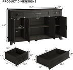 Farmhouse Buffet Cabinet with Drawers, 55" Large Sideboard Kitchen Buffet Storage Cabinet with 3 Adjustable Shelves and Doors Heightened Table Wood Coffee Bar for Kitchen Living Room, Black