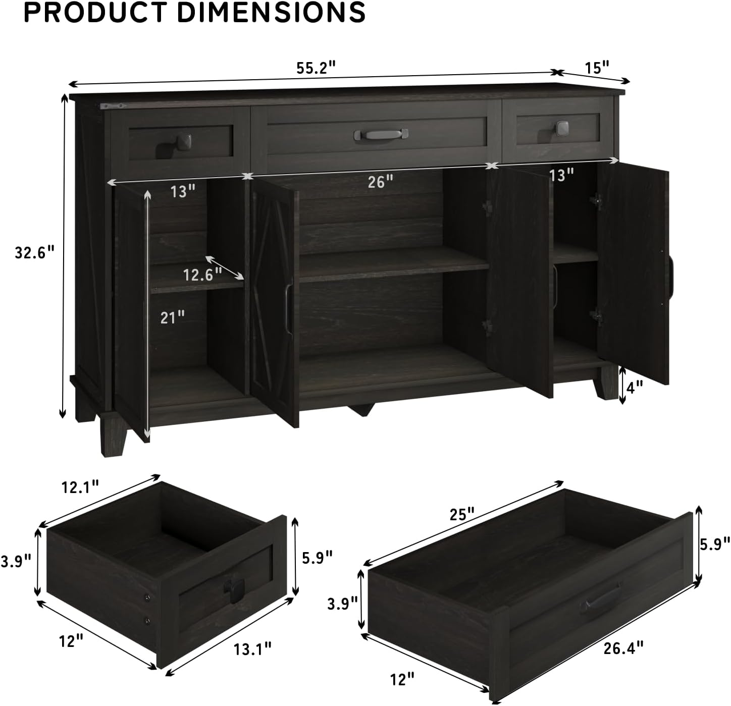 Farmhouse Buffet Cabinet with Drawers, 55" Large Sideboard Kitchen Buffet Storage Cabinet with 3 Adjustable Shelves and Doors Heightened Table Wood Coffee Bar for Kitchen Living Room, Black