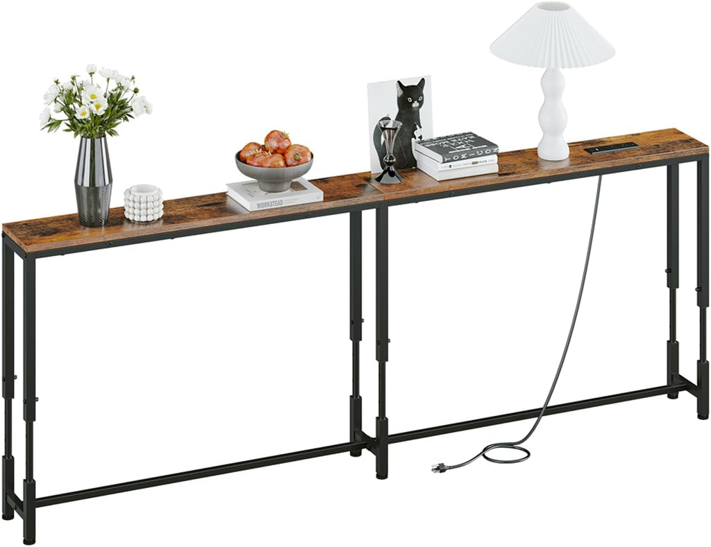 86.6" Behind Couch Table Adjustable Height 23.8~34.8" with Charging Station, 5.9" Narrow Console Table Skinny, Anti-Collision Pads, Anti-Tipping Kit for Living Room