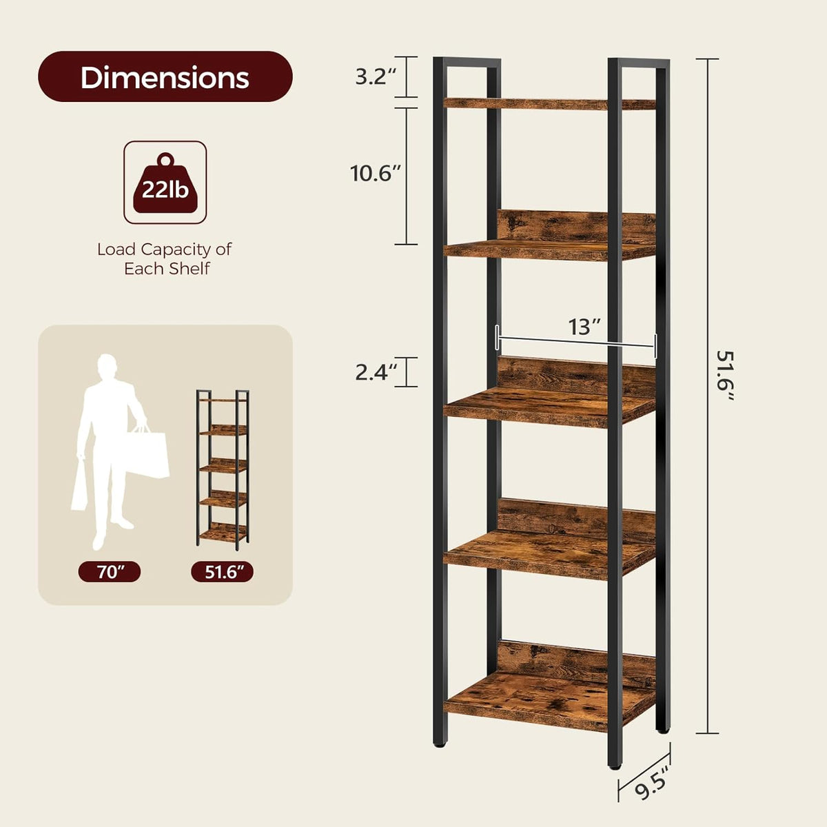 MAHANCRIS Bookshelf, 5-Tier Bookcase, Standing Book Shelf for Small Space, Storage Shelf Organizer, for Living Room, Bedroom, Study, Balcony, Rustic Brown and Black BKHR5501