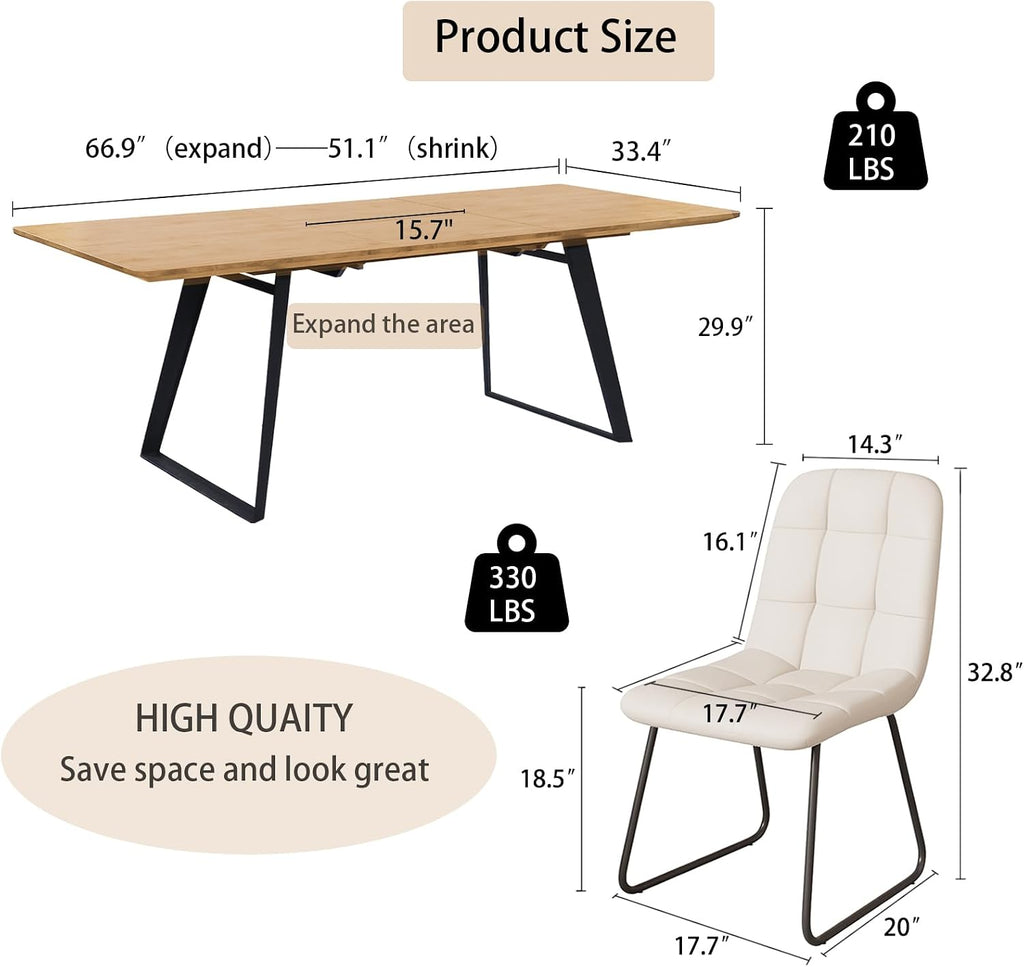ZckyCine 51‑67 Inch Expandable Dining Set with 6 PU Leather Chairs, Wooden Furniture for Small‑Size Homes