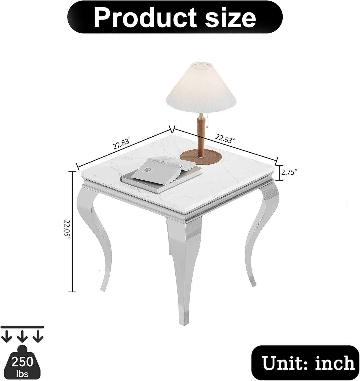 Marble End Table, Modern White Faux Marble Sofa Side Table with Silver Stainless Steel Legs, Luxury Sqaure Accent Side Table Bedside Table Nightstand for Living Room Bedroom Office