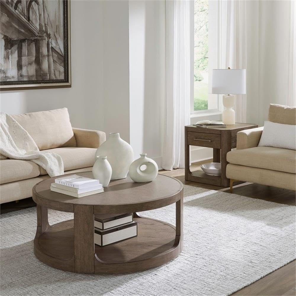 Pemberly Row 3 Piece Set, Round Rubberwood Cocktail Table with Faux Concrete Insert and 2 End Tables, Burnished Beige Finish, Satin Pewter Hardware, Storage Drawer, Living Room Furniture