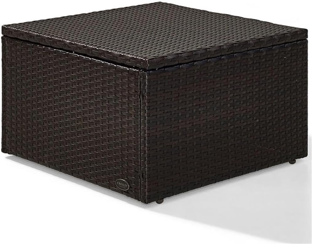 Pemberly Row Wicker Patio Ottoman, Brown Finish with Sand Cushions, Resin Wicker and Steel Frame, UV/Fade Resistant, 23" W x 23" D x 17.5" H, Outdoor Footrest for Deck, Patio, or Garden Use