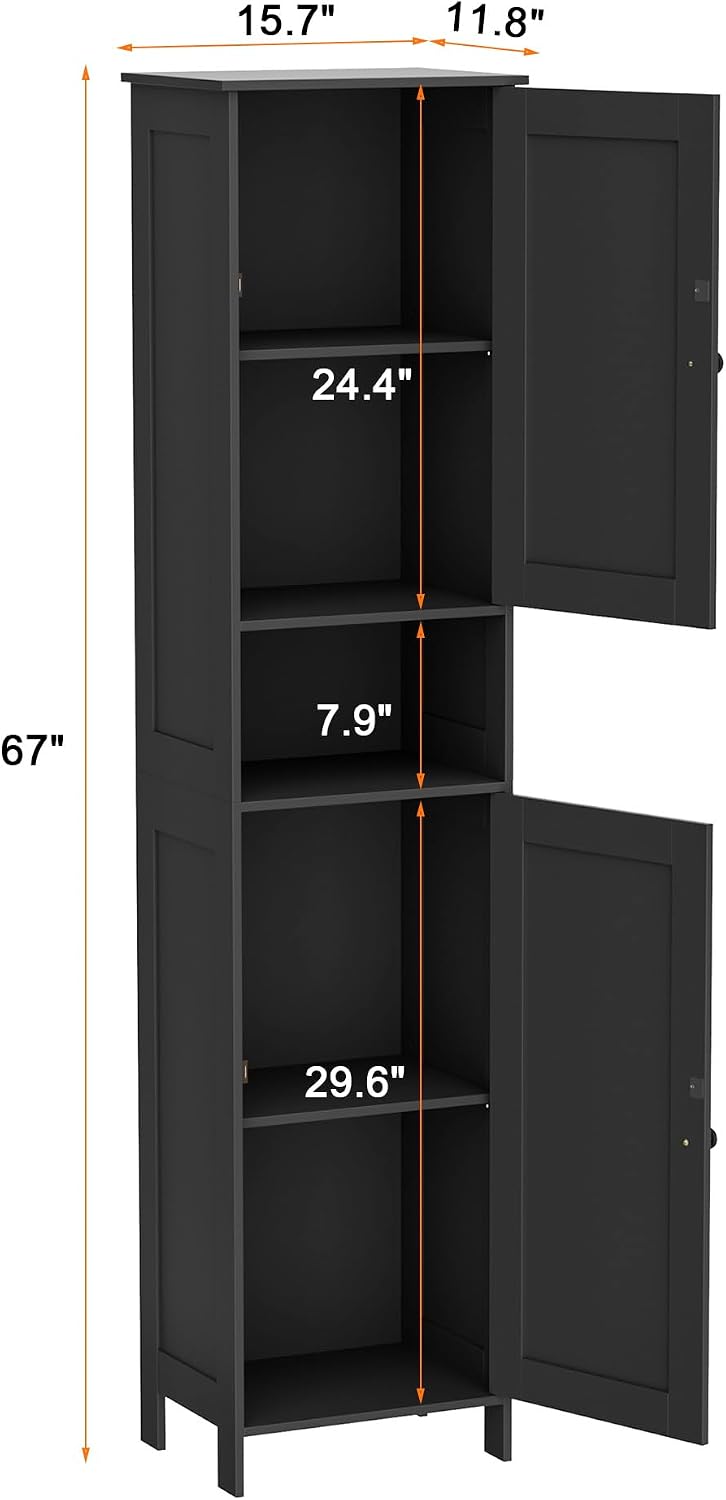 Homleke Tall Bathroom Storage Cabinet with 2 Doors, 67"H Narrow Storage Cabinet with Adjustable Shelves& Anti-Tip Design, Reversible Door Installation, Easy Assembly, 11.8 x 15.7 x 66.9 Inches, Black