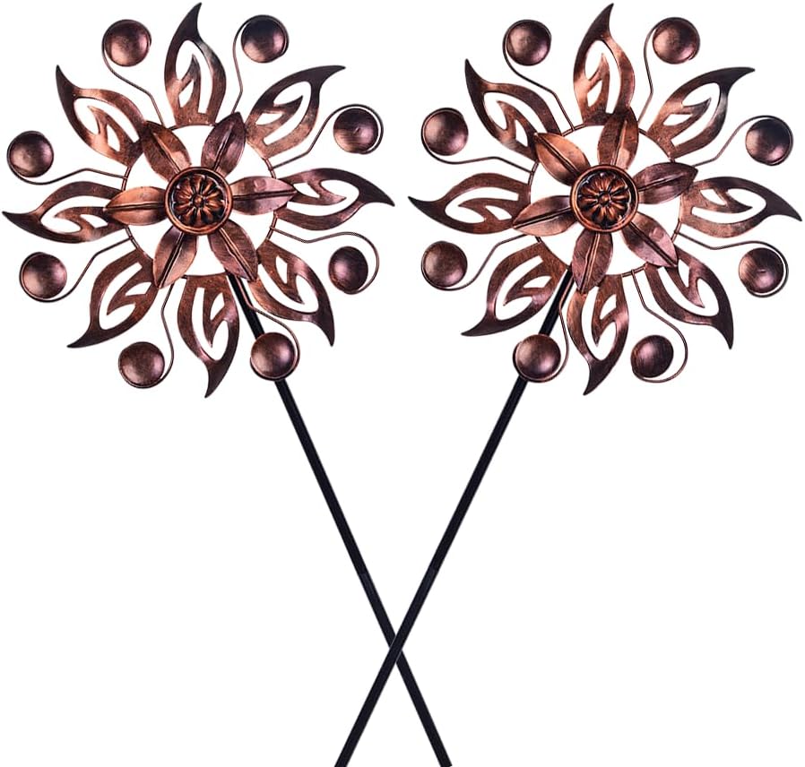 VEWOGARDEN 2PCS Outdoor Wind Spinner,Metal Wind Spinners Yard Decor Pinwheel,Copper Wind Sculptures & Spinners for for Garden, Patio, Lawn(10" Dia * 37" H)