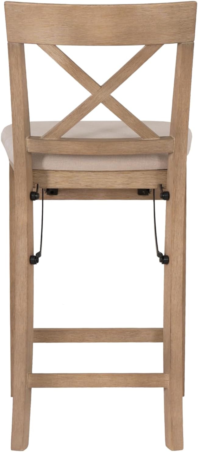 Linon Triena X Back Neutral Greywash Wooden Fully Assembled Folding 24 Inch Seat Height Counter Stool with Beige Upholstered Seat