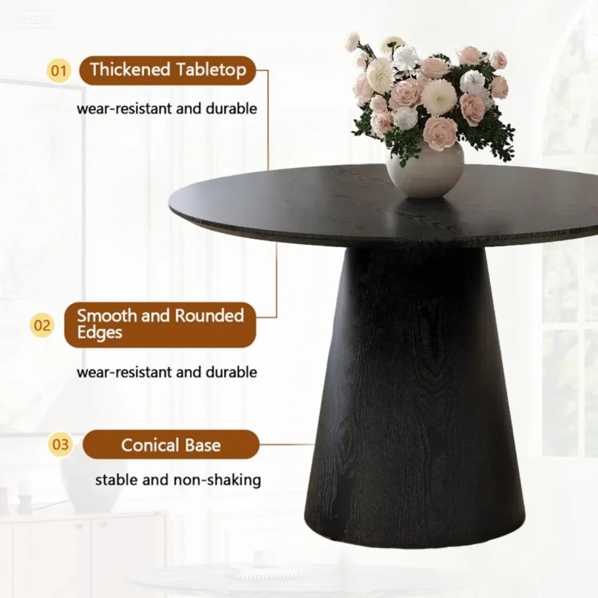 Black Round Dining Table for 4-6, Modern Wood Kitchen Table, 45" Circle Dining Table with Pedestal for Kitchen,Living Room,Apartment,Restaurant,Small Spaces