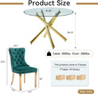 Round Glass Dining Table Set for 4, Small Kitchen Table Set for 4, 47" Circle Gold Glass Dinner Table for 4 with Green Velvet Chairs, 5 Piece Dining Room Table Set for 4 for Breakfast Dinette Cafe