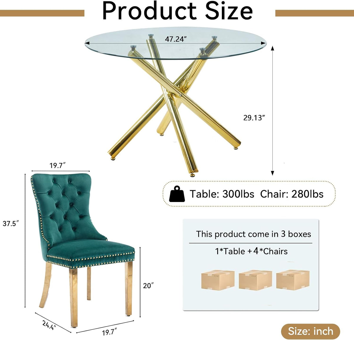 Round Glass Dining Table Set for 4, Small Kitchen Table Set for 4, 47" Circle Gold Glass Dinner Table for 4 with Green Velvet Chairs, 5 Piece Dining Room Table Set for 4 for Breakfast Dinette Cafe