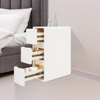 Solid Wood End Table, Narrow Bedside Table with 3 Drawers w/Leather Surface for Bedroom, Small Spaces, Living Room, Off-White