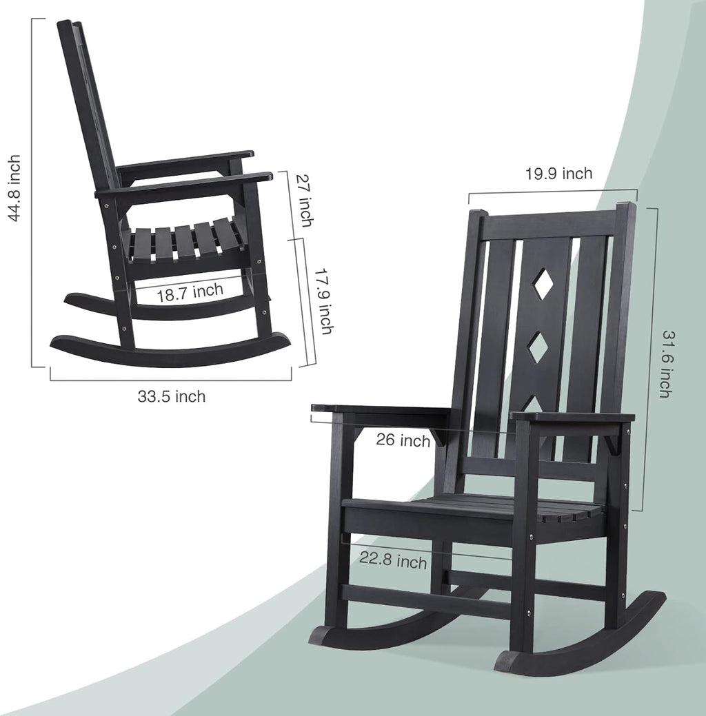 Outdoor Rocking Chair, Oversized Rocking Chair for Adults, All Weather Resistant Porch Rocker for Lawn Garden, 350lbs Weight Capacity - Black