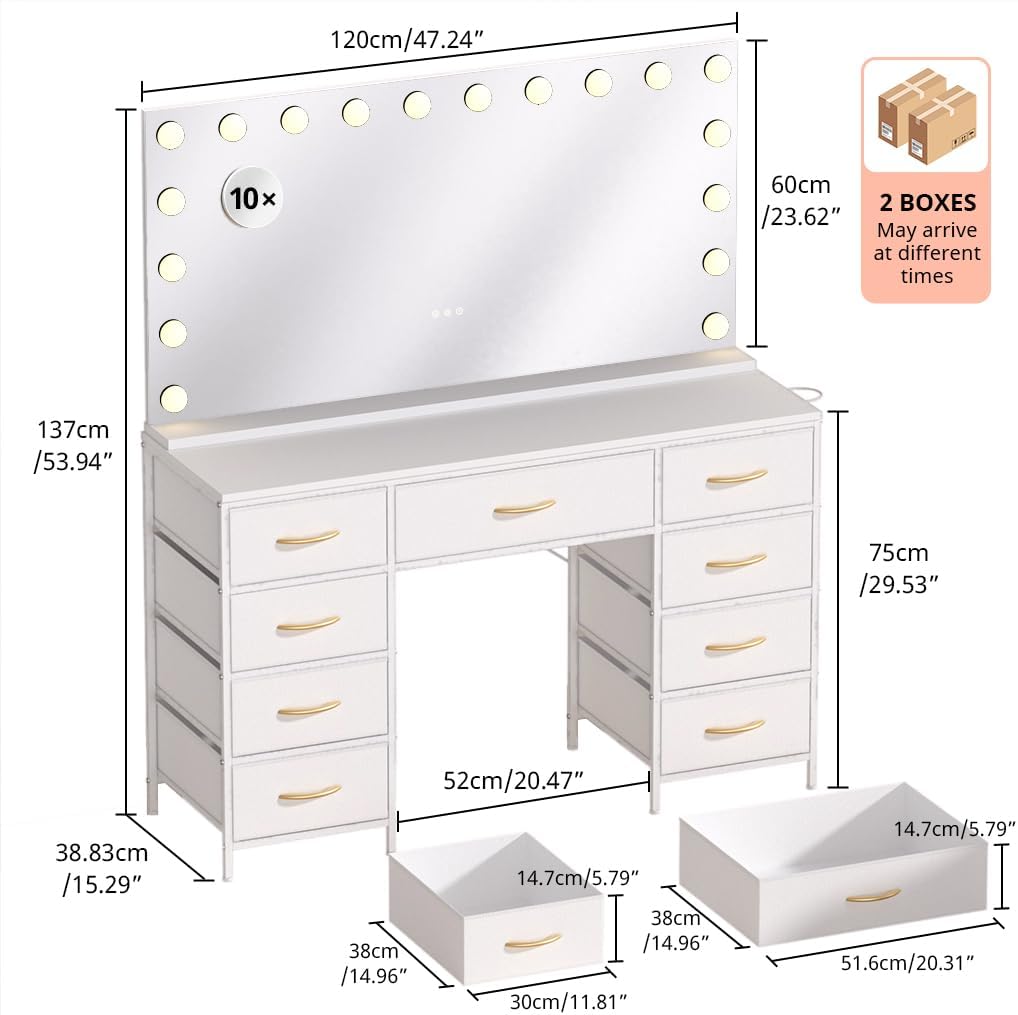 COMHOMA Vanity Desk with Large Mirror,15 LED Bulbs and Power Outlet,Makeup Table with 9 Storage Drawers and HD Mirrors,3 Color Modes Adjustable Lighting for Bedroom Dressing Room (White, 47inch)