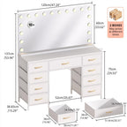 COMHOMA Vanity Desk with Large Mirror,15 LED Bulbs and Power Outlet,Makeup Table with 9 Storage Drawers and HD Mirrors,3 Color Modes Adjustable Lighting for Bedroom Dressing Room (White, 47inch)