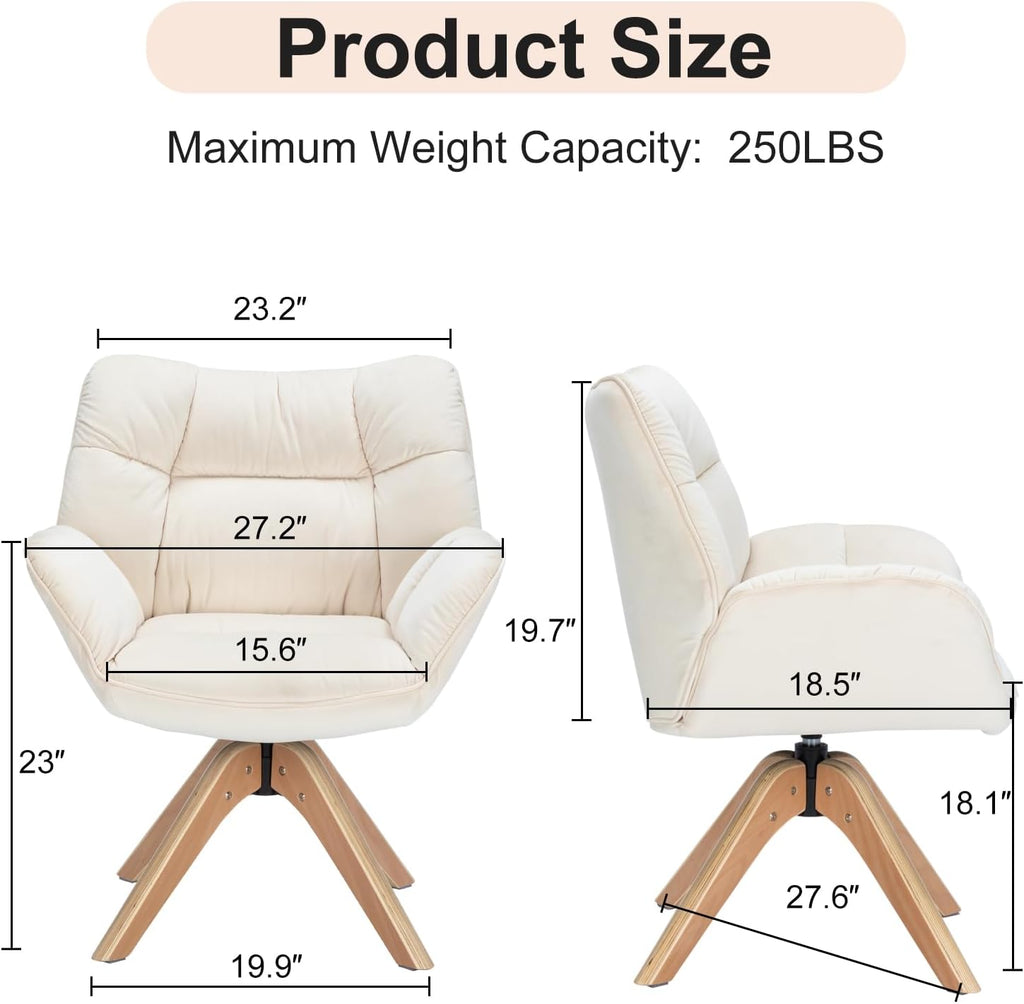 Mid Century Accent Chair No Wheel 360° Swivel Fabric Vanity Chair Wood Legs | Modern Cozy Vanity Chair No Wheel Wood Legs Upholstered Single Armchair for Living Room Bedroom Office Dining Room
