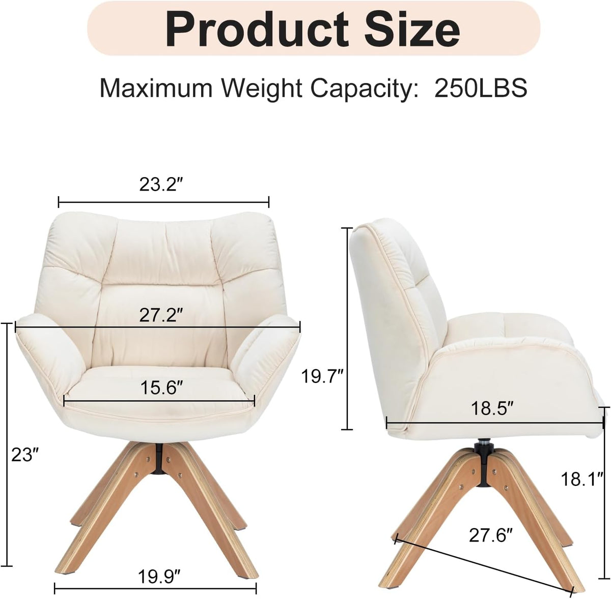 Mid Century Accent Chair No Wheel 360° Swivel Fabric Vanity Chair Wood Legs | Modern Cozy Vanity Chair No Wheel Wood Legs Upholstered Single Armchair for Living Room Bedroom Office Dining Room