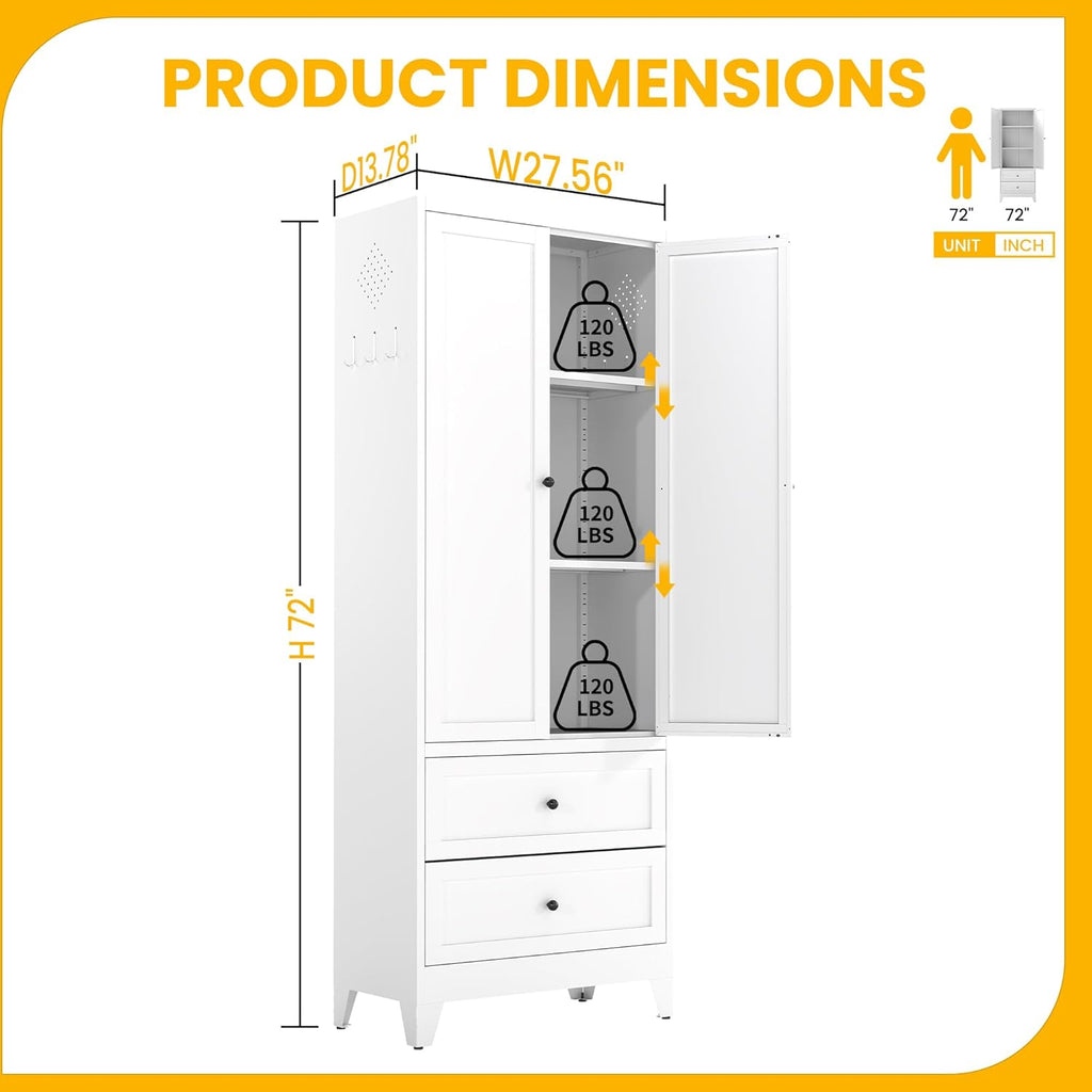 72" Metal Storage Cabinet with 2 Drawer, 2 Adjustable Shelves & Hooks, Utility Kitchen Pantry Cabinet for Home, Living Room, Pantry, Assemble Required (White)