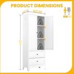 72" Metal Storage Cabinet with 2 Drawer, 2 Adjustable Shelves & Hooks, Utility Kitchen Pantry Cabinet for Home, Living Room, Pantry, Assemble Required (White)