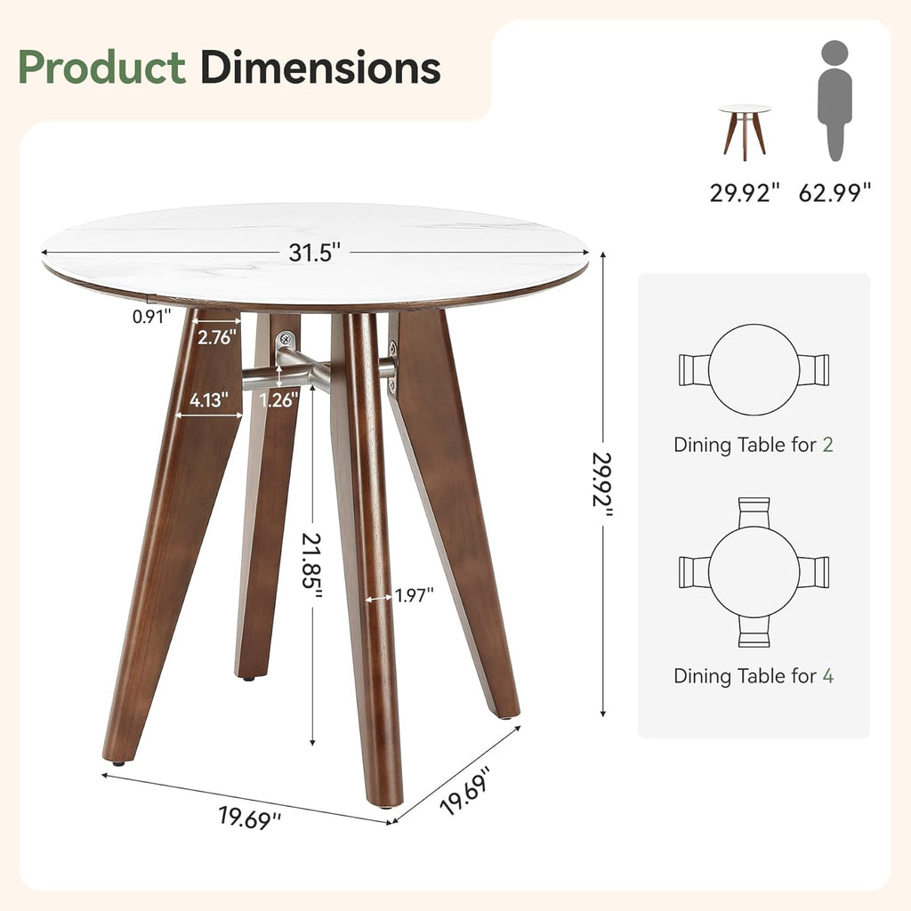 31.5" Round Dining Table, Modern Sintered Stone Kitchen Table with Solid Wood Legs for Dining Room, Living Room, Small Space, Glossy White & Brown