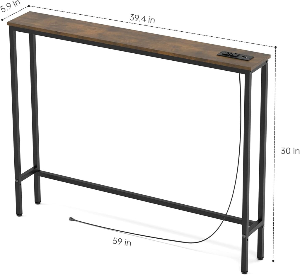 Aduanbang 5.9" Console Table with Outlet – Narrow Sofa Table, Behind Couch Table for Living Room & Hallway, 5.9" x 39.4" x 30", Metal Frame, Rustic Brown