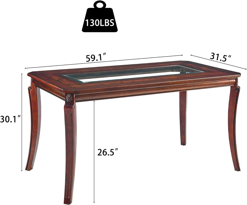 Rectangular Glass Dining Table 59” with Cherry Veneer Frame and Solid Wood Legs, for 4-6 People Tempered Glass Tabletop for Dining Room or Kitchen,Easy Assemble, Cherry Brown, CZ-A1168-GT