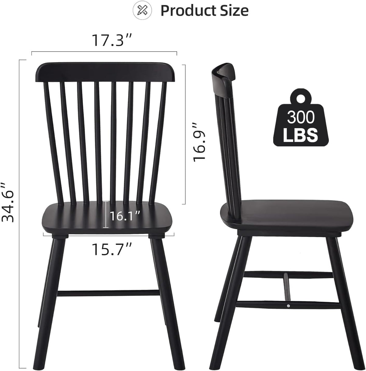 Black Windsor Dining Chairs Set of 6, Solid Wooden Dining Chairs, Spindle Back Dining Room Chairs, Modern Farmhouse Kitchen Chairs for Living Room, Restaurant, Cafe