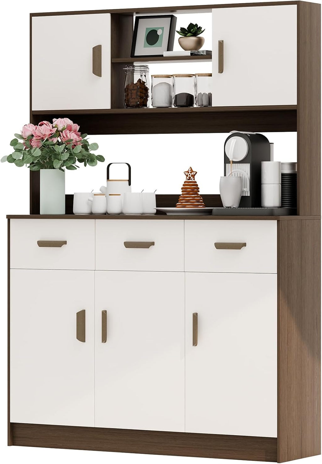 Kitchen Pantry Storage Cabinet, Hutch Cabinet with Buffet Cupboard, Utility Pantry with Microwave Stand, Household Wall Tall Sideboard with 3 Drawers, 5 Doors Open Shelves for Kitchen, Dinin