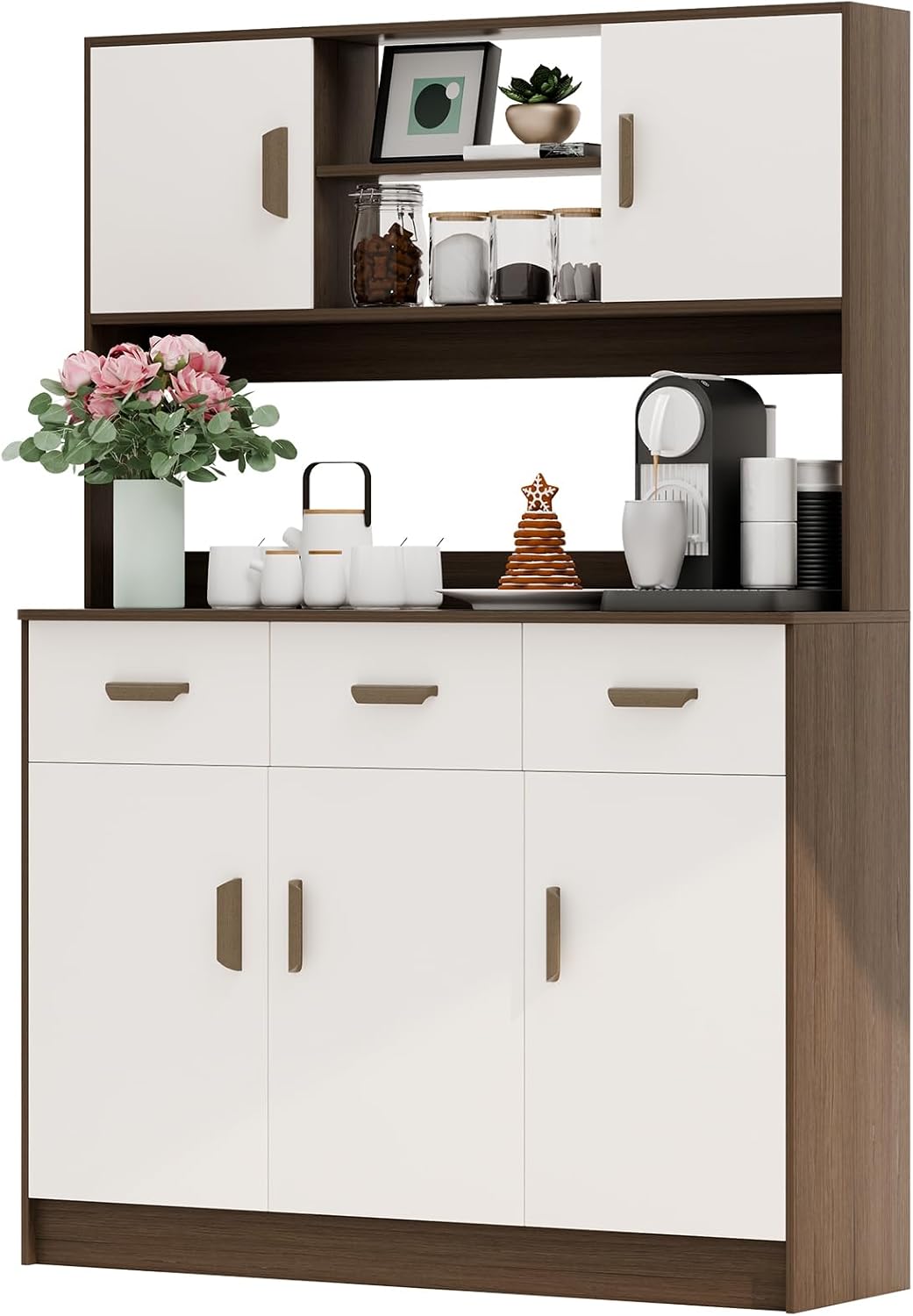 Kitchen Pantry Storage Cabinet, Hutch Cabinet with Buffet Cupboard, Utility Pantry with Microwave Stand, Household Wall Tall Sideboard with 3 Drawers, 5 Doors Open Shelves for Kitchen, Dinin